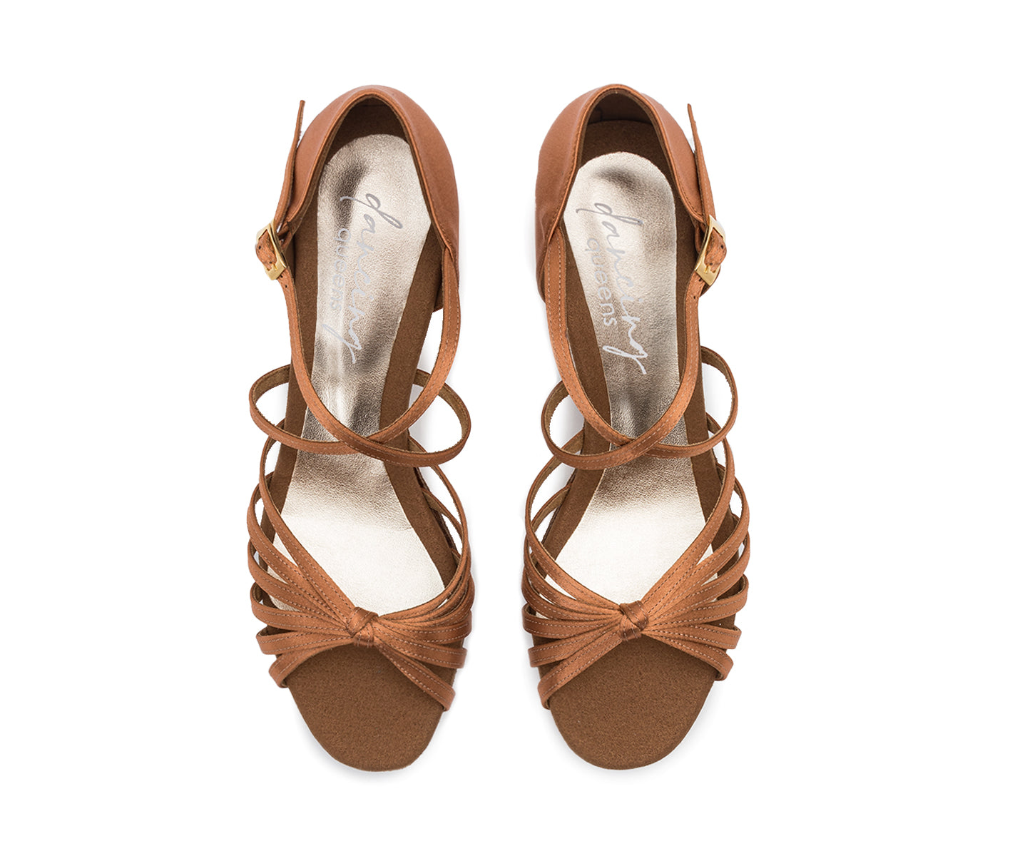 Draufsicht auf 205 Tanzschuhe in Satin Tan von Dancing Queens, mit Knöchelriemen und gekreuztem Riemchen.